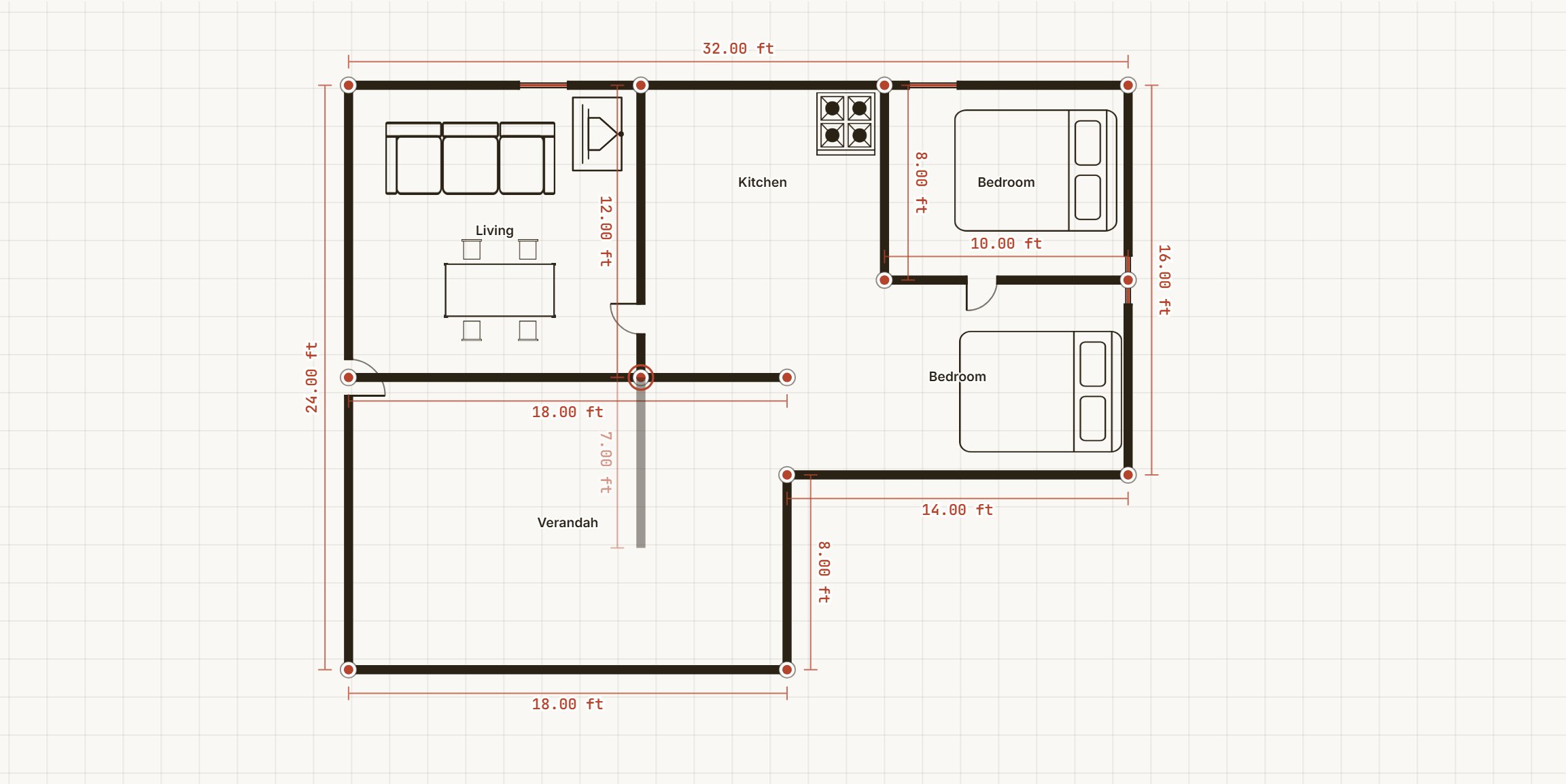 A plan drawn from scratch on the gridded sheet: walls, door and window openings and fixture symbols, one grid square to a foot.